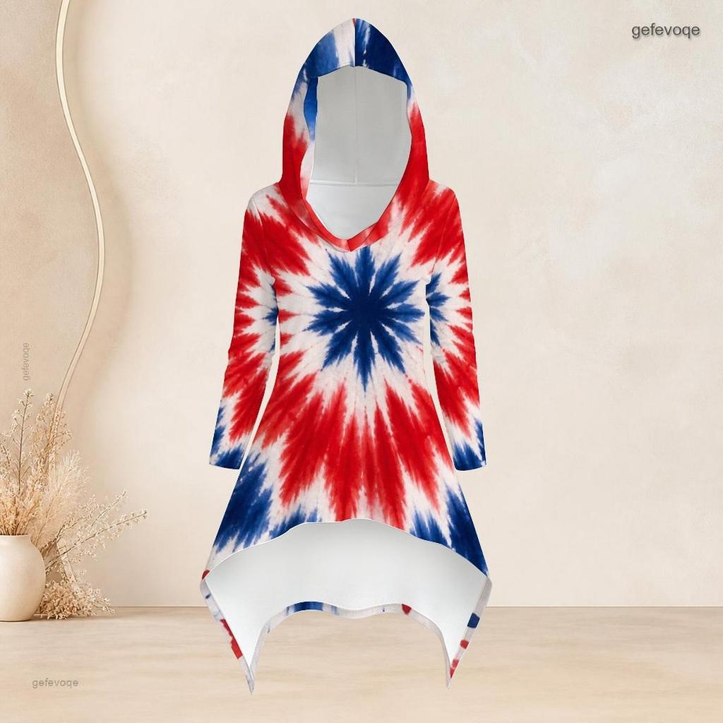 Women Plus Size Navy Blue Printed Hooded Long Sleeve High Low Top Fitted Pants Two Piece Set