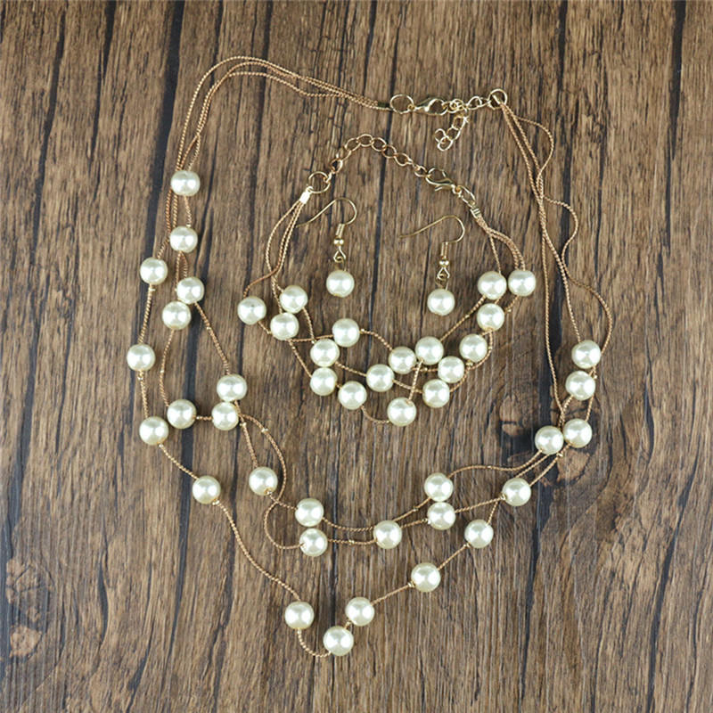 Многослойное жемчужное ожерелье серьги браслет комплект ювелирных изделий свадьба невеста