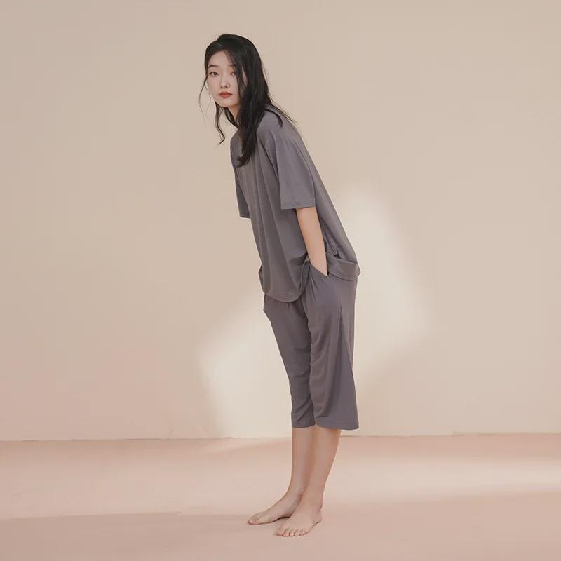 Женский летний пижамный комплект из модального хлопка с короткими рукавами и нагрудной накладкой