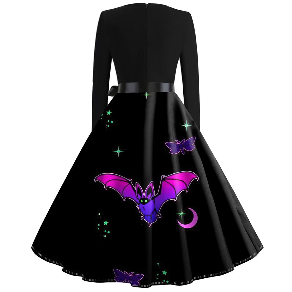 Женское повседневное модное винтажное платье с длинным рукавом и принтом на Хэллоуин