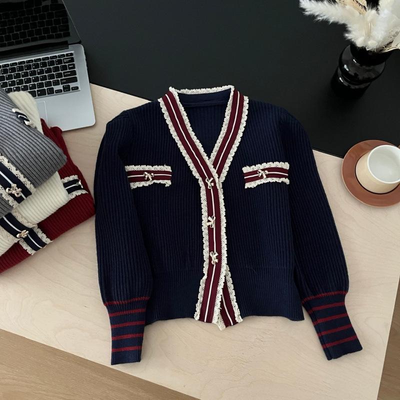 2026 Autumn French-Style Elegant Color Block Stripe Lace Knit Cardigan