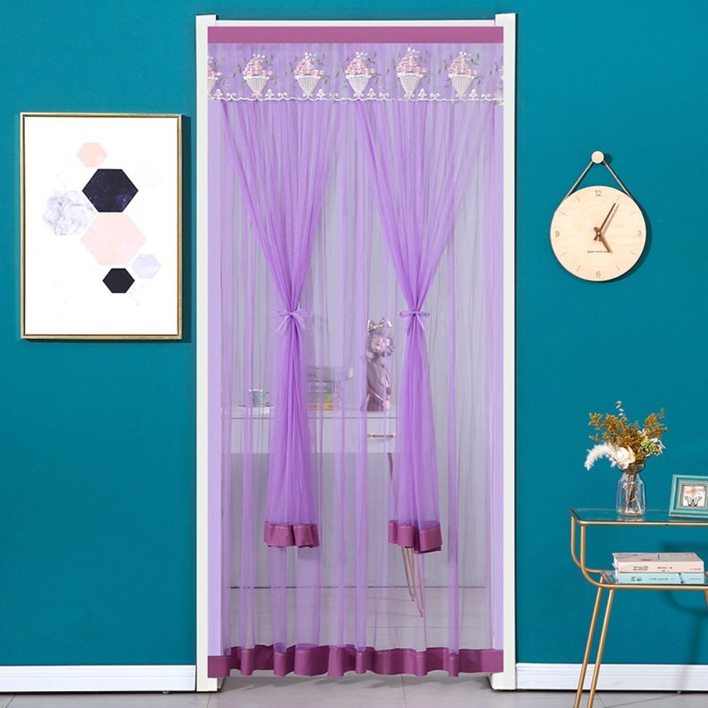Punching Free Lace Embroidered Door Curtain Breathable Mesh Door Drapes Girl Room