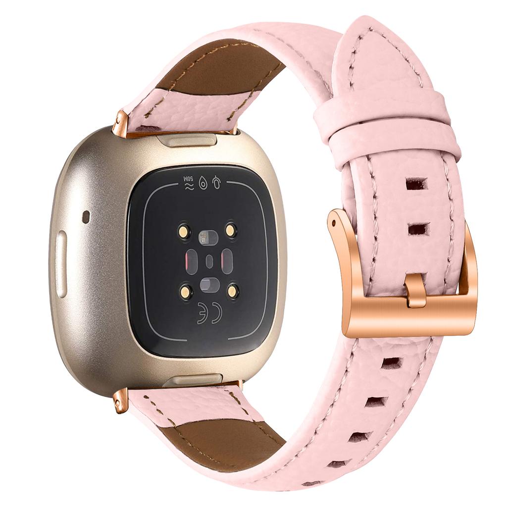 Litchi Textured Genuine Cow Leather Strap with Electroplated Buckle for Fitbit Versa 3/Sense Pointed-End Watch Band