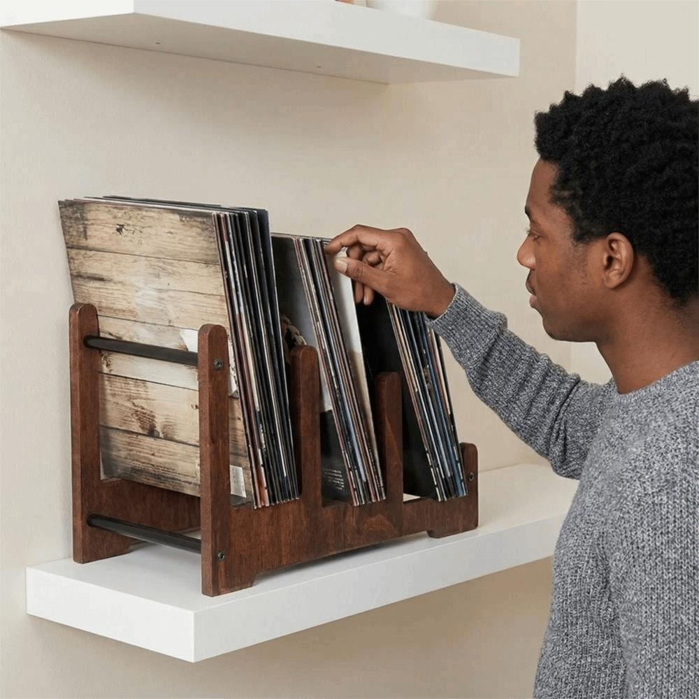 Large Capacity Vinyl Record Holder Brown Book Storage Rack Vintage CD Display Stand CDs