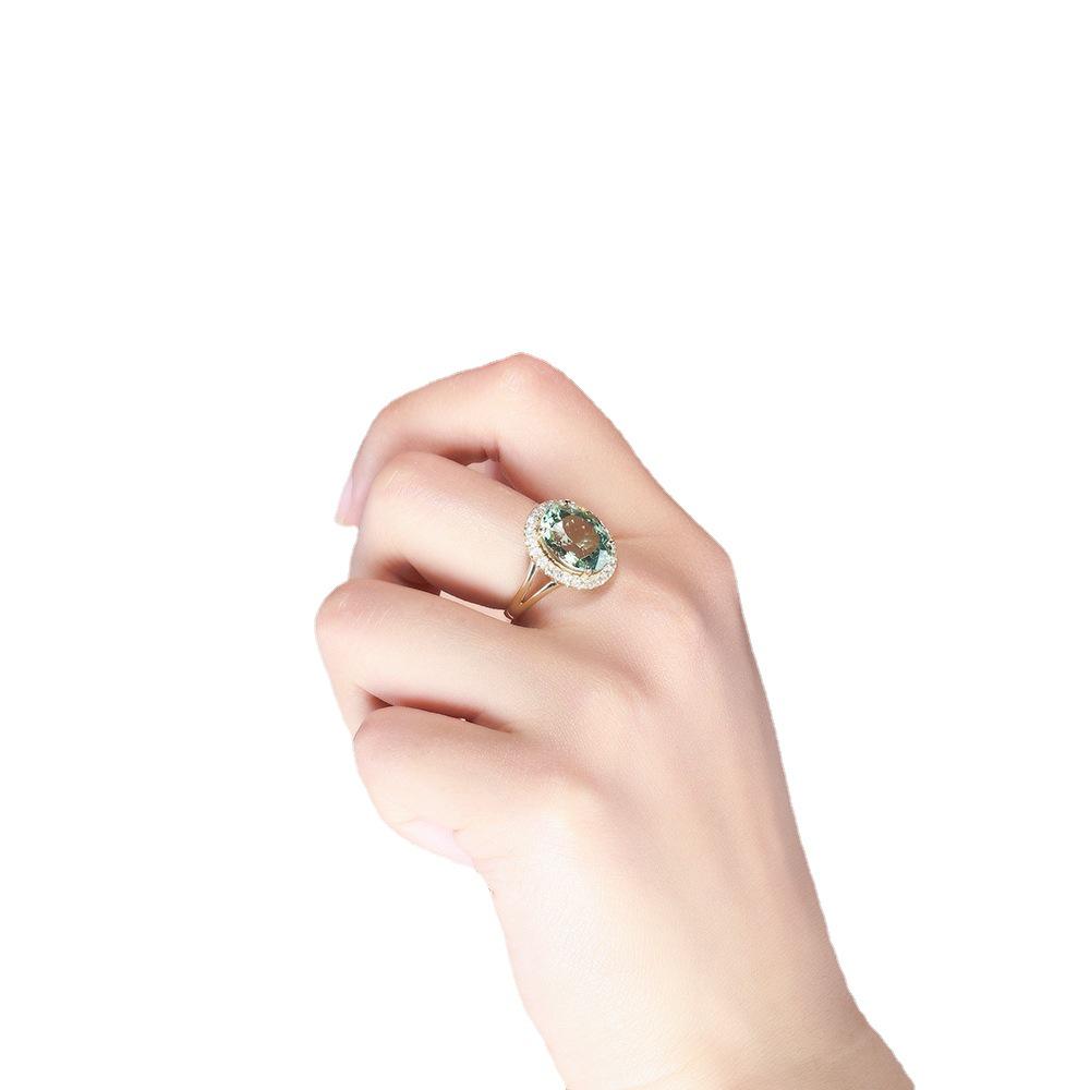 Трендовое европейское и американское кольцо с зеленым драгоценным камнем и бриллиантами - Полная бриллиантовая микро-оправа с серебряными украшениями