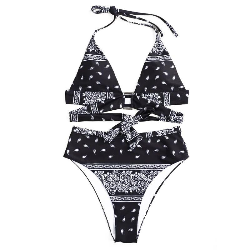 Женский бандо-бикини с принтом пейсли, с высокой талией, комплект из двух предметов, купальник с завязками на шее