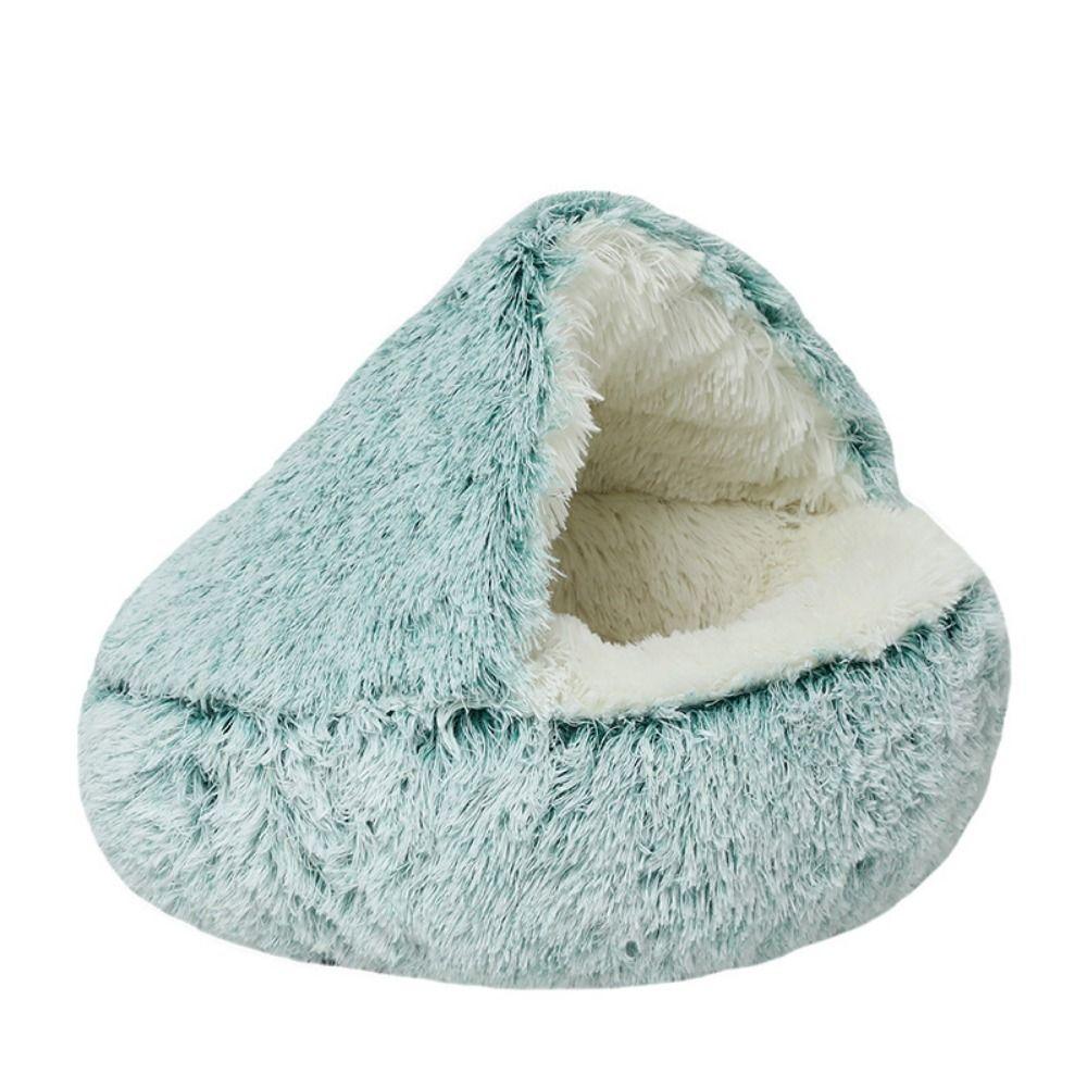 Fluffy Cat Bed Cave Self Warming Plush Hooded Dog Tent Cozy Puppy Bed Indoor