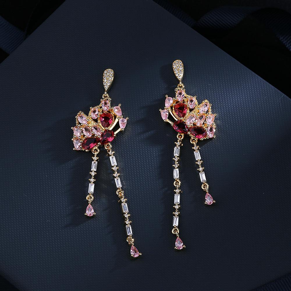 925  Temperament Long Butterfly Tassel Drop Earrings Pink Red Cubic Zirconia Trending Gold Color Women Jewelry Gift