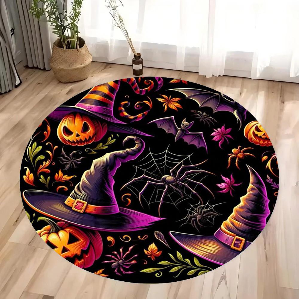 Halloween Pumpkin Magic Hat and Bat Circular Printed Carpet Halloween Themed Floor Mat Home Decoration Yoga Studio Gift