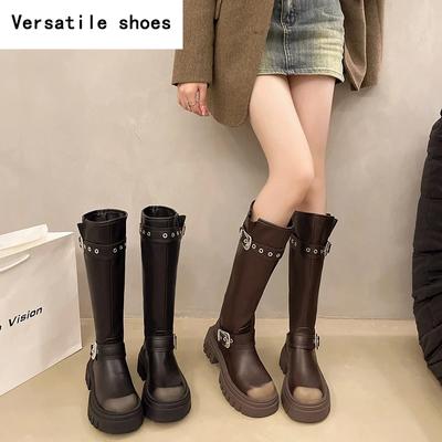 Винтажные женские сапоги на платформе до колена, модные туфли с пряжкой на ремне, осень-зима, толстый каблук, женские длинные сапоги в стиле рыцаря