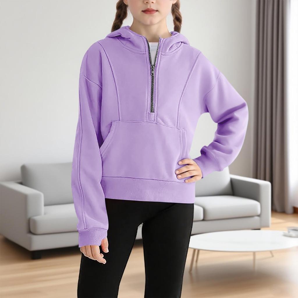 Children's Hooded Zipper Thickened Sweatshirt For Girls Solid Color Top