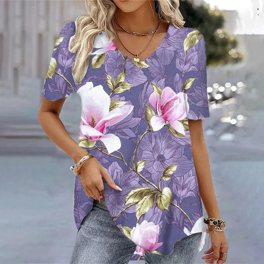 Spring Vintage Women's V Neck Short Sleeve T Shirt For Women Loose Tops 3d Printing Summer Tees Shirts Oversized Female Clothing