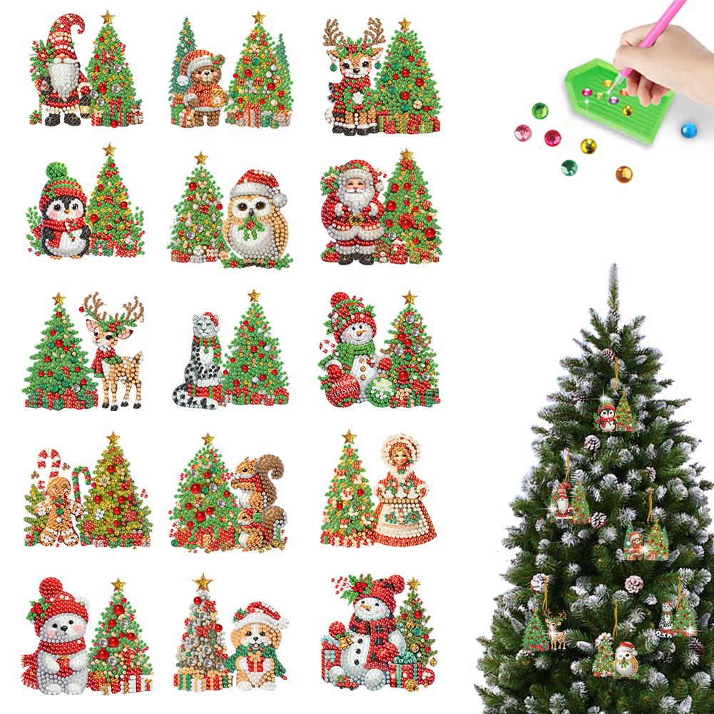 6/10/15pc Xmas Theme 2D/Flat DIY Hanging Diamond Art Kits Acrylic Rhinestone Diamond Christmas Tree Wall Window Pendant Ornament