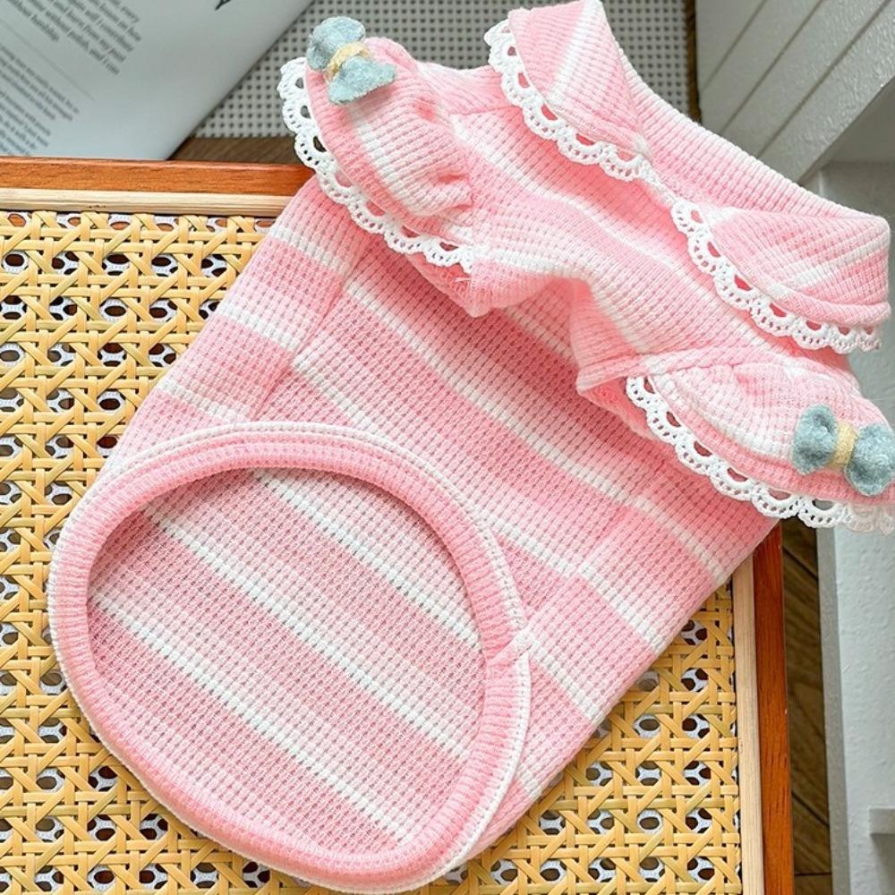 Stripe Design Dog Lace Knit Vest Ruffle Sleeves Dog T-Shirt Cute Pet Hoodie Daily Wear