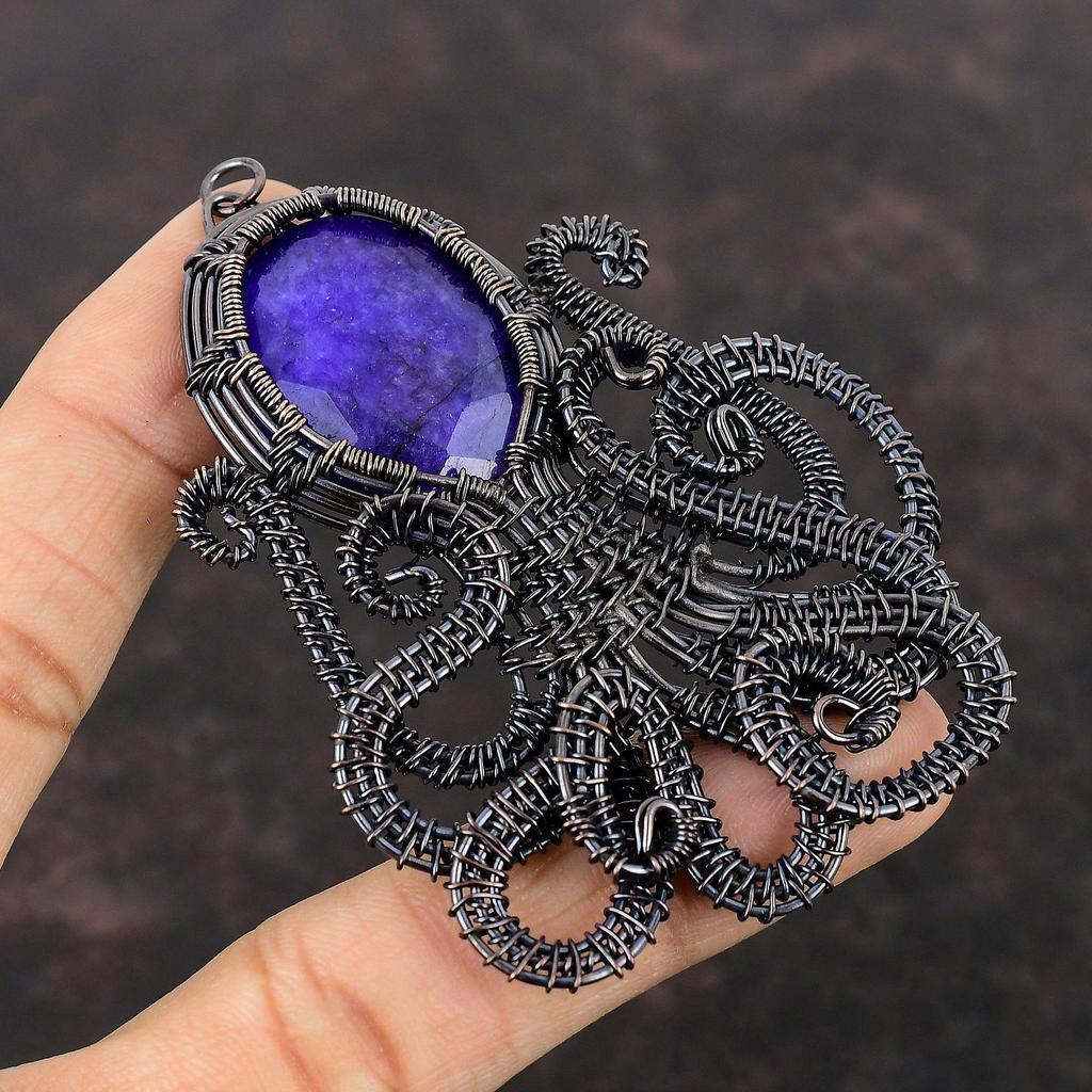 Ограненный Синий Сапфир Кулон Медная Проволока Обернутый Кулон Ювелирные Изделия Из Драгоценных Камней Кулон Осьминог Кулон Ручной Работы Медная Проволока Ювелирные Изделия Подарок Для Нее