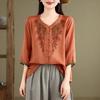 Летняя Новая Художественная Блузка с Рукавом Три Четверти Вышитая Свободная Повседневная Блузка Ретро Топ на Пуговицах