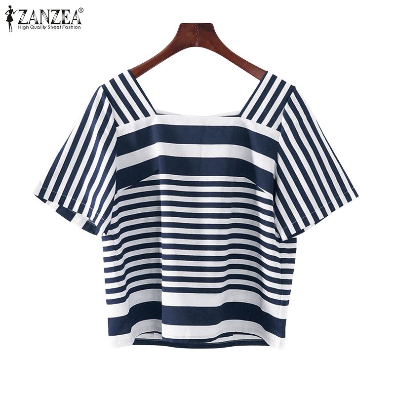 ZANZEA Женская летняя повседневная блузка в полоску с квадратным воротником и коротким рукавом