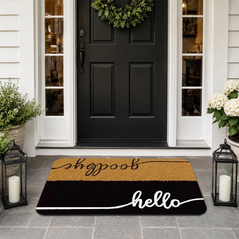 1pc Brown Black Contrast Hand-Lettered Hello Easy Entrance Mat, Two-Tone Patchwork Artistic Hand-Lettered English Minimalist Printed Thick Fleece Carp