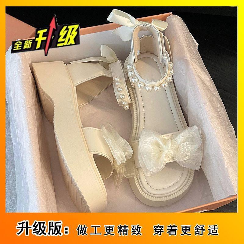 2025 New Fairy Style Platform Muffin Bow French with Skirt Pearl Roman Shoes Flat Sandals Female Summer