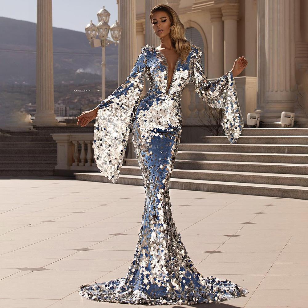 Весна новая европейская и американская женская одежда сексуальное платье с пайетками серебристое банкетное платье платье-облегашка вечернее платье