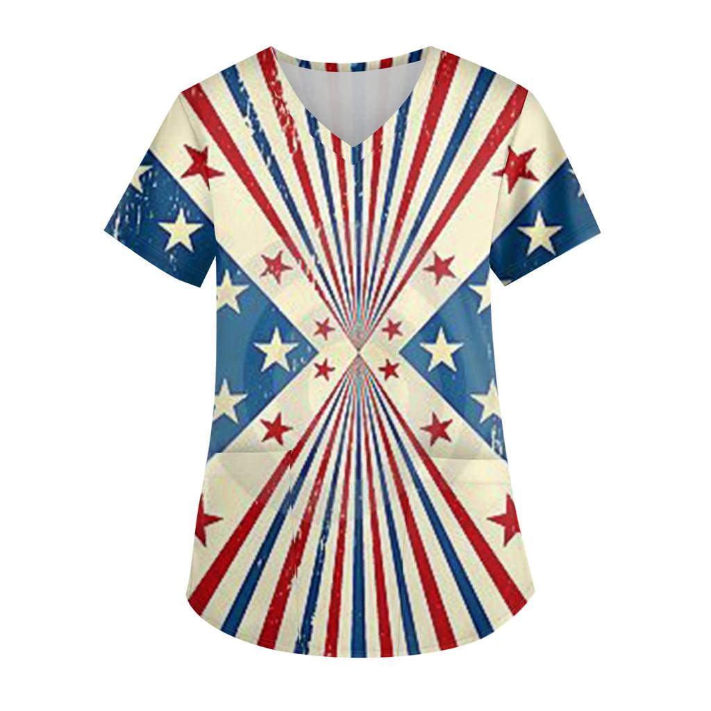 Женская модная футболка с принтом ко Дню Независимости, V-образным вырезом, карманом, короткими рукавами, униформа и топ для ухода