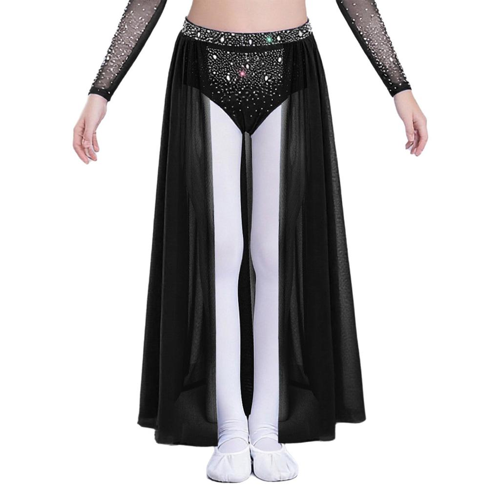 Complete Stage Look Skirt for Girls: Sparkling Rhinestone Accent on Flowy Sheer Mesh, Includes Secure Built-in Shorts