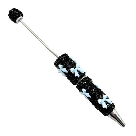 DIY Beadable Pen Glitter Ballpoint Pen, Rhinestone Bow Beaded Handmade Supplies Bling Black Ink Pens for Making, School Office Cute Desk Accessories