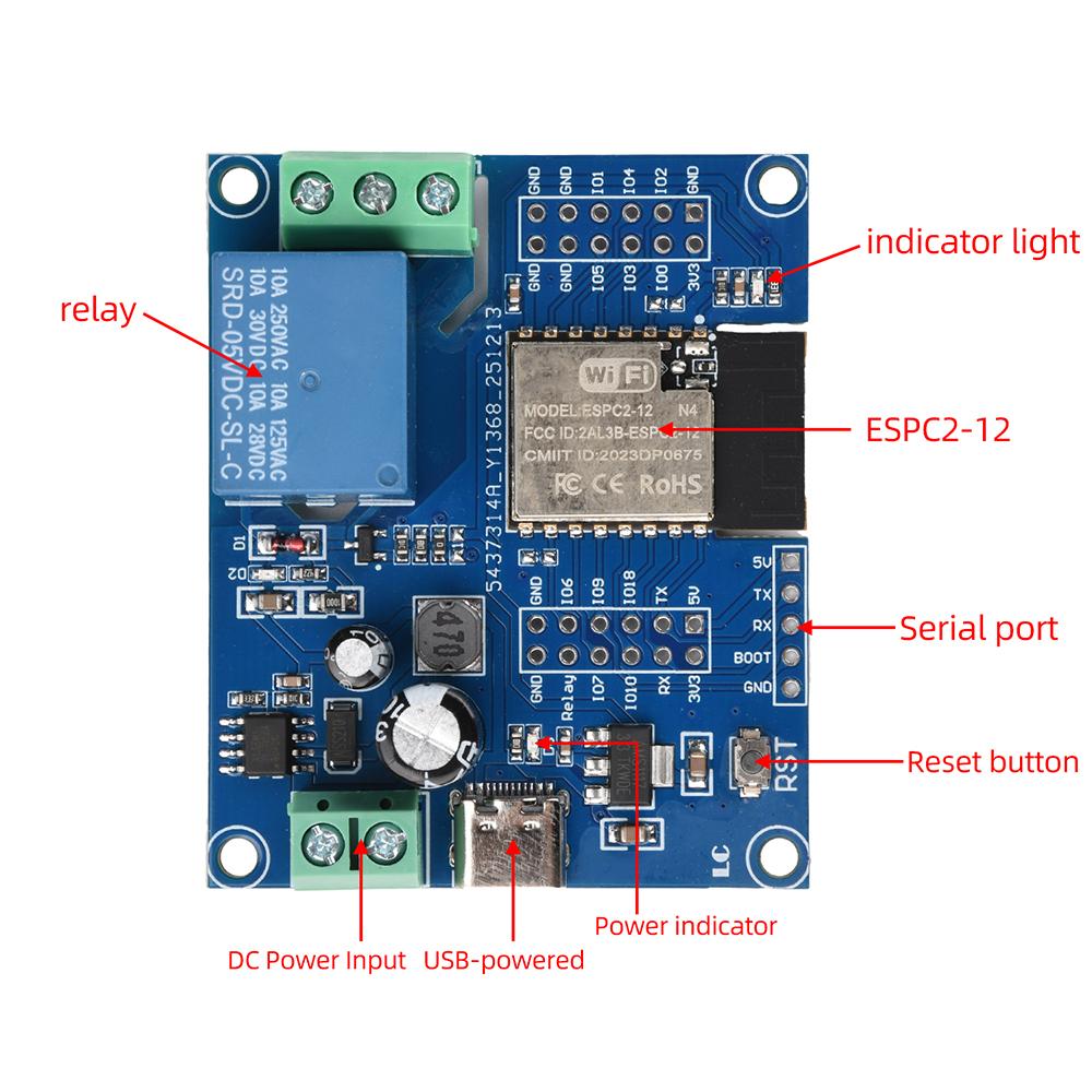 Модуль реле WiFi BT ESPC2-12 Широкое напряжение 5-60 В 10 А Одноканальный Type-C UART Поддержка программирования ESP-IDF Arduino для управления IoT