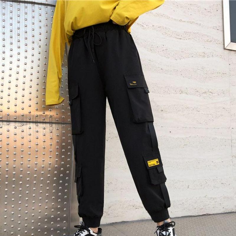 Весна-Лето женские свободные брюки-карго женские повседневные джоггеры черные с высокой талией свободные женские брюки