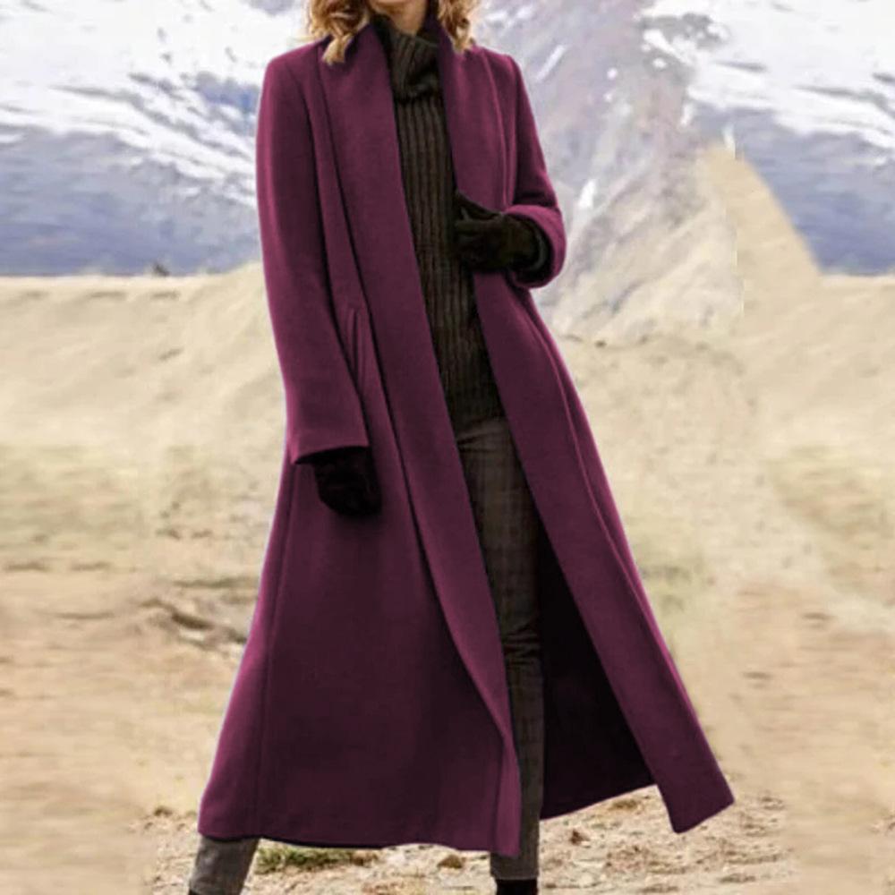 Women's Winter Extra-Long Literary Comfortable Coat Solid Color Casual Plus Size Wool Trench Coat