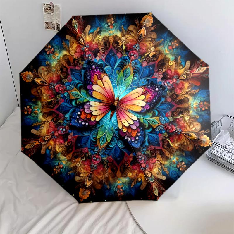 1 шт. Автоматический складной зонт - Узор "Бабочки", Портативный и складной дизайн с 8 спицами, Рождественские и Новогодние подарки