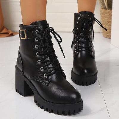 Мода Женская Мода Ботильоны на Толстом Каблуке с Пряжкой-Ремнем Черная Искусственная Кожа На Высоком Каблуке Ботильоны на Платформе Женская Обувь Осень Зима