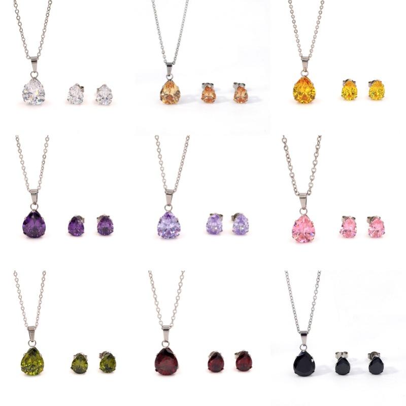 European and American Set Necklace Color Water Drop Zircon Small Fresh Collarbone Women Titanium Steel Zircon Set