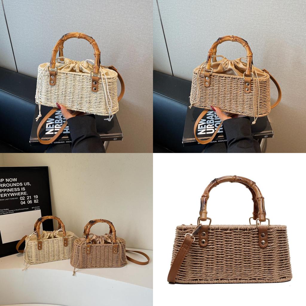 Vintage Grass Weave Shoulder Bag For Women With Polyester Lining For Daily Use