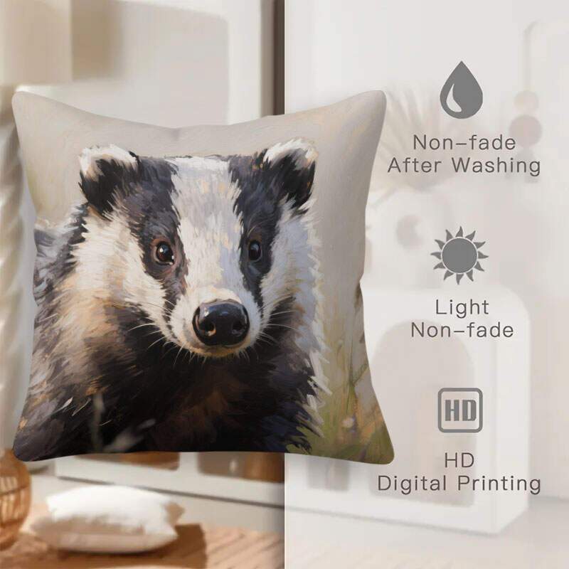 Cute Badger Portrait Throw Pillow Cover Animal Oil Painting Style Print Decorative Cushion Cover For Wildlife Lovers Home Decor