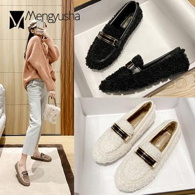 Модные женские мокасины из вьющейся шерсти с металлической пряжкой на меху, женские зимние туфли из хлопка, теплые плюшевые мокасины, большие размеры 34-44