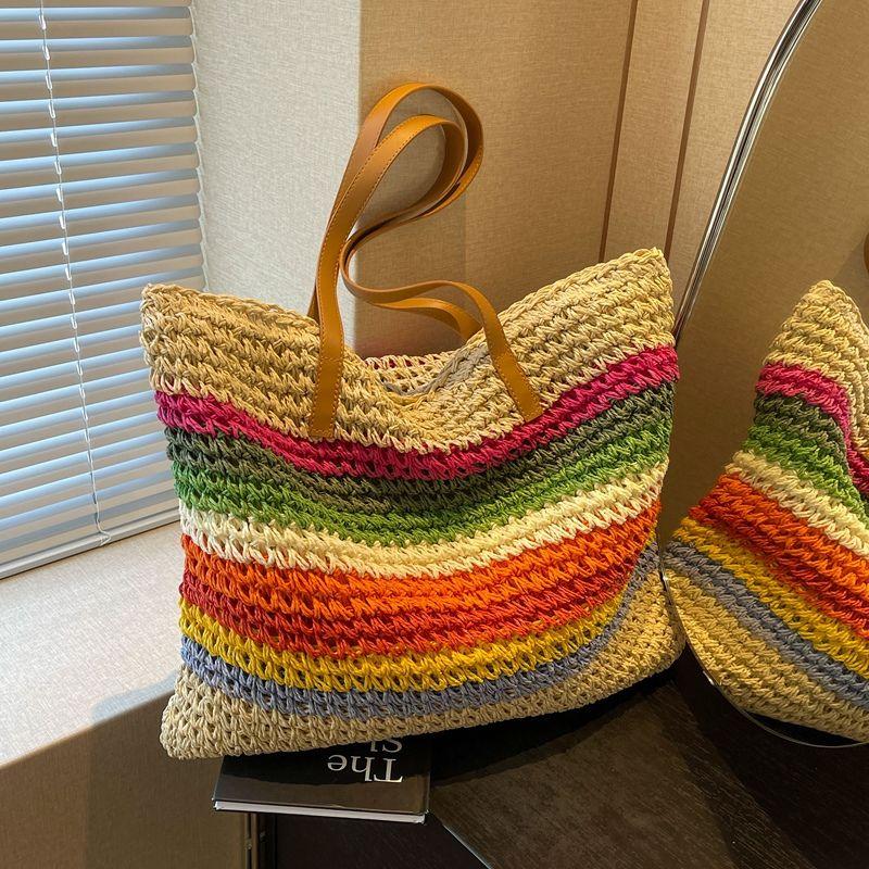 Новая радужная сумка из плетеной соломы с контрастными полосками, повседневная, универсальная, для отпуска на море, на плечо