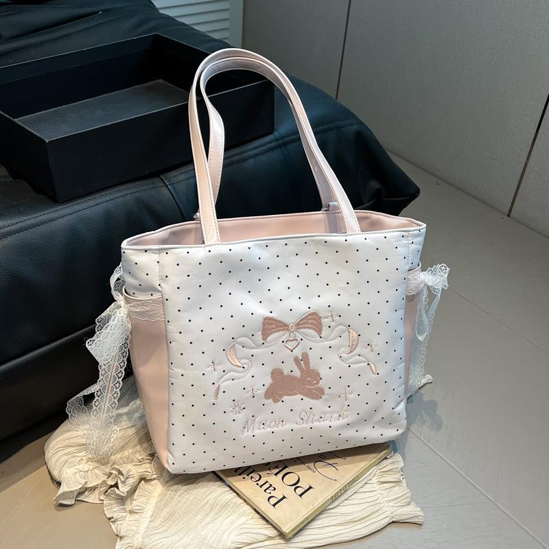 Женская льняная сумка для ленивого отдыха, новая коллекция 2025 года, сумка из парусины с кружевом в стиле феи, большая вместимость, универсальная сумка-тоут в горошек
