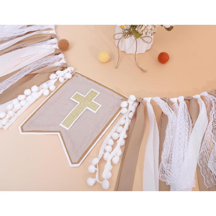 God Bless Cross High Chair Banner,Baptism Party Decorations,First Holy Communion Ribbon Banner,Boys Girls Baptism Party Highchair Banner,Garland