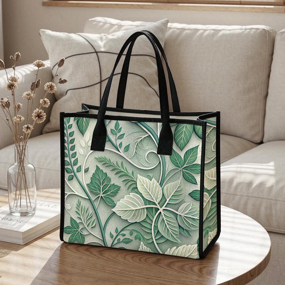 Elegant Green Leaf Print Daily Tote Bag for Outdoor Shopping Commute Casual Portable Handbag