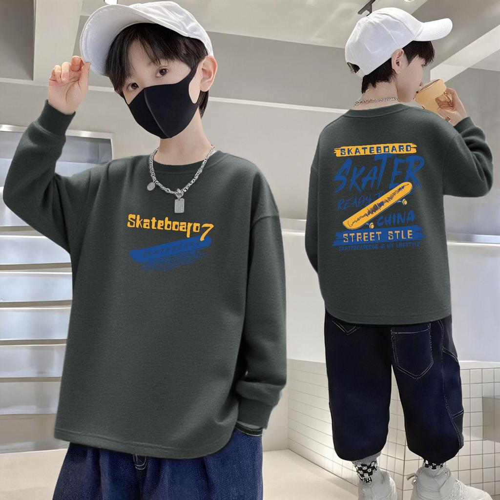 100% Pure Cotton Boys' Long-Sleeve Round Neck T-Shirt for Autumn - Loose Fit Kidswear