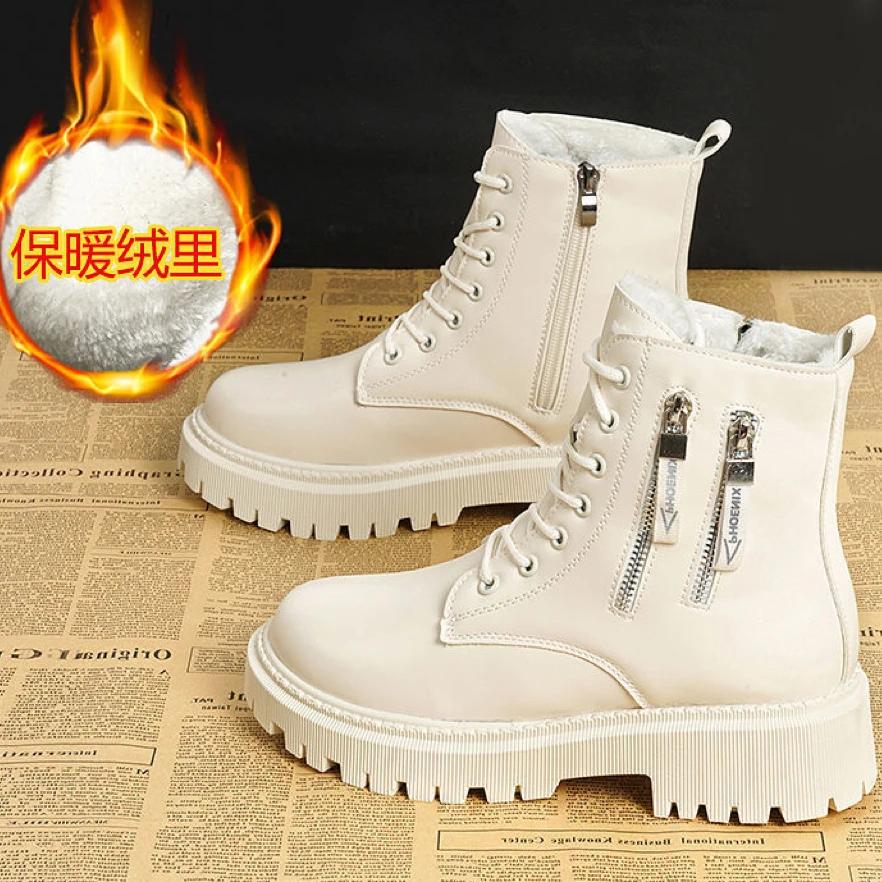 Зимние ботинки плюшевые теплые средние ботинки женские черно-белые зимние утолщенные теплые зимние туфли на плоской подошве Zapatos Mujer