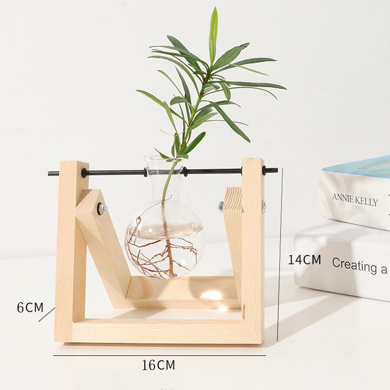 Hydroponic Vase Glass Transparent with Wooden Stand Creative Simple Desktop Green Plant Cultivation Container Home Decoration Or