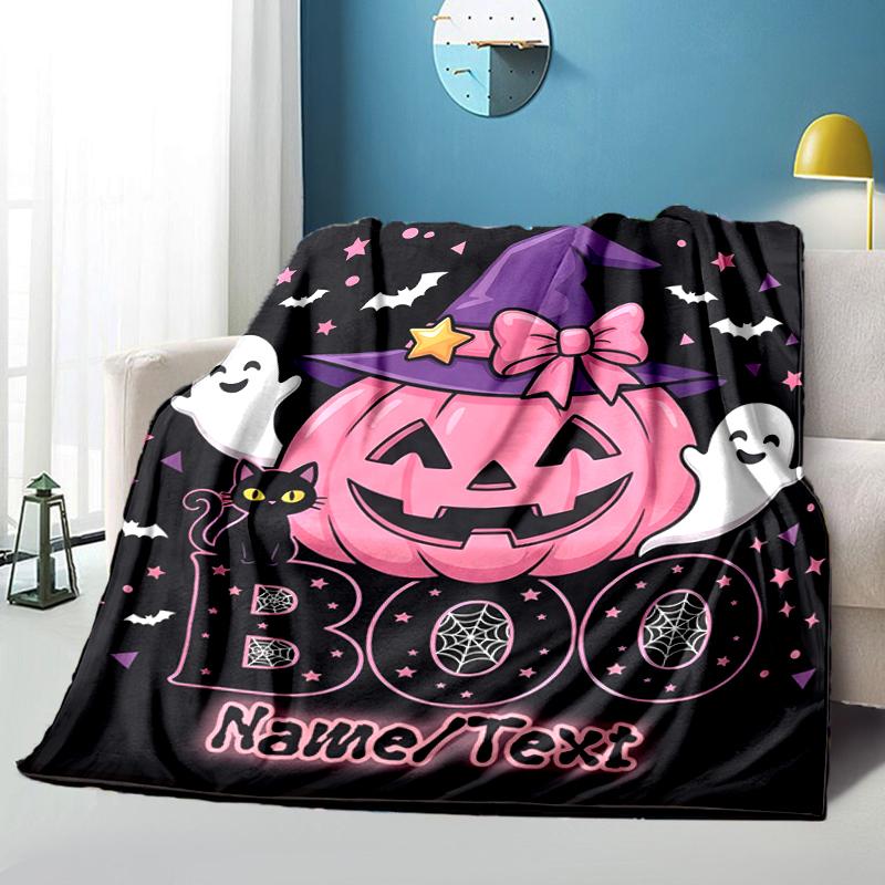 1PC Custom Name Halloween Pumpkin Boo Night outdooor Flannel blankets Throw Blanket All-Season Throw Gift Bedspread for Couch, Bed, Camping Holiday Bi