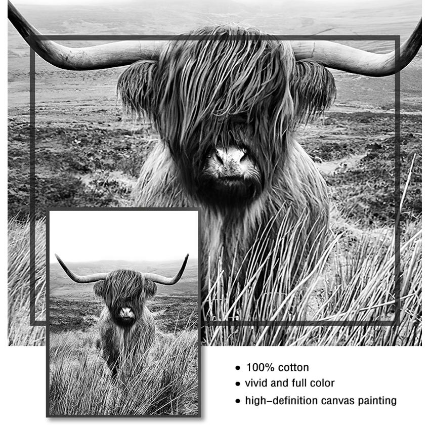 Black and White Highland Cow Print Farmhouse Decor Wall Art Canvas Painting Animal Larges Living Room Bedroom Pictures