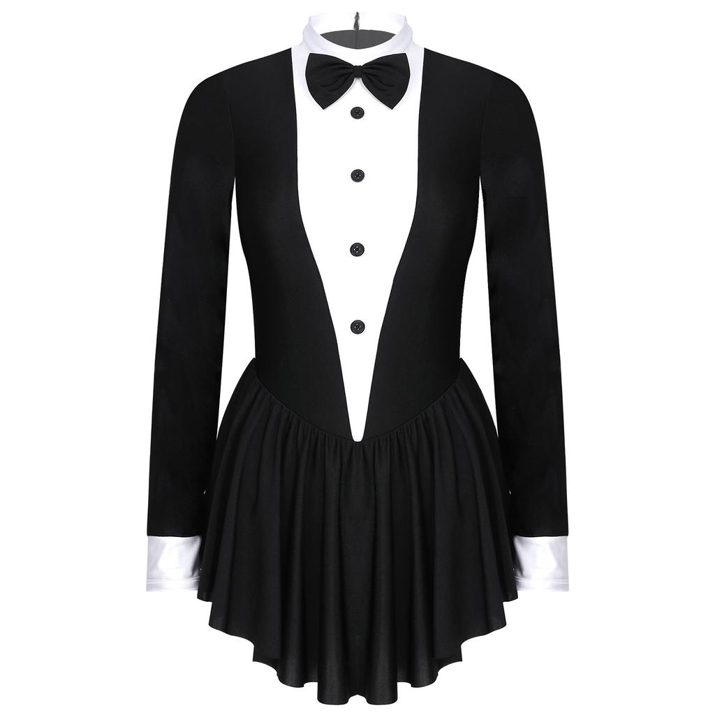 Women's Party Hostess Costume S-XXL: Stylish Contrast Tuxedo Dress Featuring Bow Buttons and Long Sleeve Ruffle Cuffs