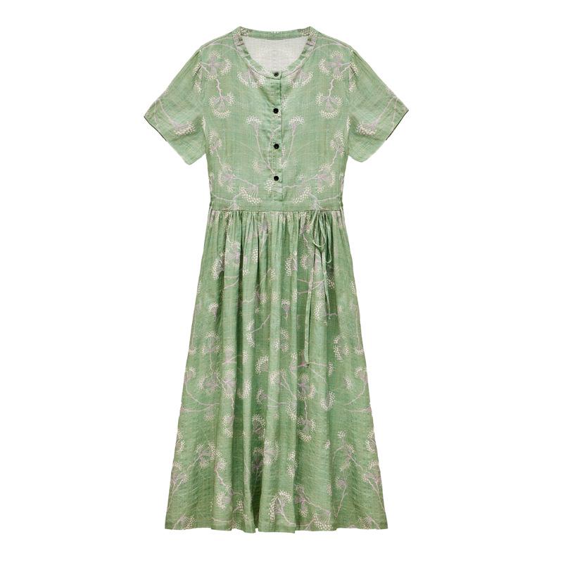 Женское летнее платье 2025 года с цветочным принтом из хлопка и льна - с коротким рукавом, приталенное, длинное, омолаживающее, модная повседневная одежда для мам