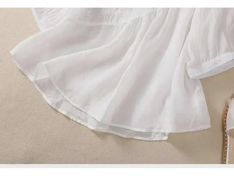 Summer Retro Embroidered Cotton-Linen T-Shirt: Solid Color, Loose Fit, Round Neck