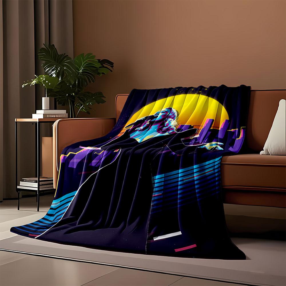 Bold silhouette of a singer against a glowing yellow moon and cityscape. for all seasons blanket lunch break throw gift