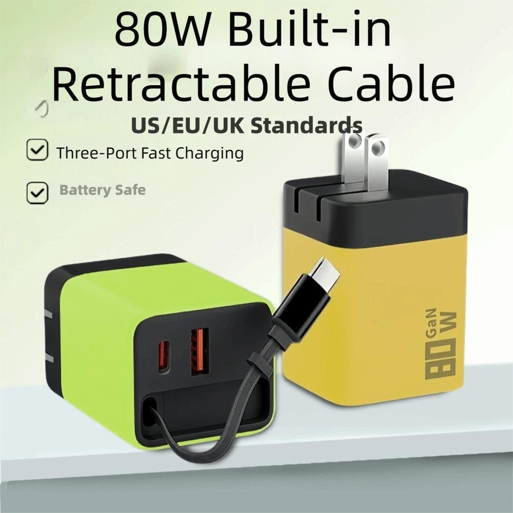 Retractable Cable Fast Charger 80W Power PD Fast Charging Light Indicator USB C Charger Travel Use